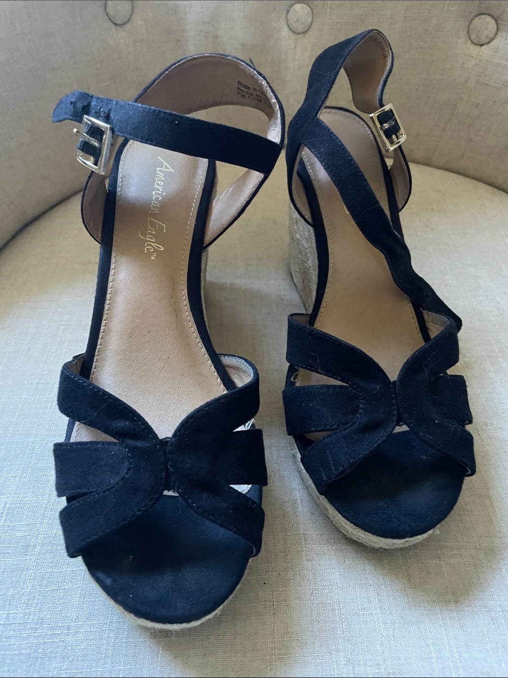 American Eagle Outfitters Black Suede Ankle-Strap Espadrille Wedges